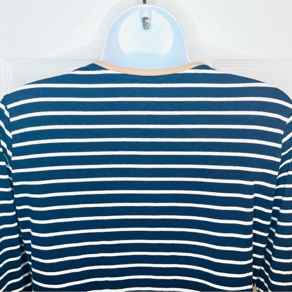 Nautica Striped Womens Long Sleeve Top Zipper Shoulders Tan Trim Navy White M - Picture 8 of 10